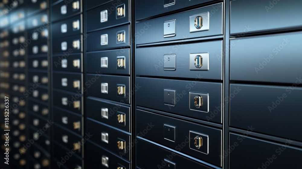 A close-up view of metallic safe deposit boxes in a bank vault. A close-up view of metallic safe deposit boxes in a bank vault.