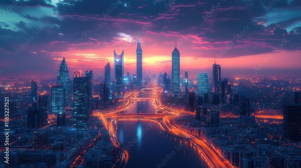 Fototapeta premium Futuristic Cyberpunk City Skyline at Night with Neon Lights and Reflective Surfaces