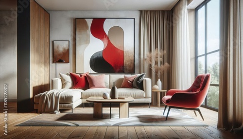 Luxurious modern living room, warm wood paneling, floor-to-ceiling windows, abstract red and white wall art, plush beige sofa, red accent chair, marble coffee table, soft ambient lighting, minimalist 