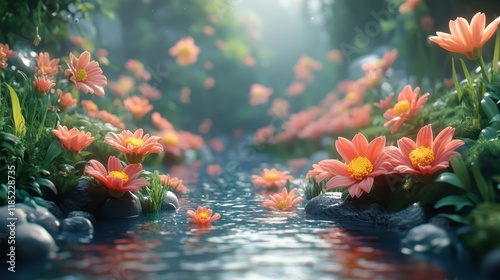 Glistening Stream with Vibrant Orange Flowers Surrounded by Lush Greenery Under Soft Morning Light Creating a Tranquil Nature Scene