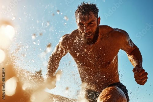 Muscular man running energetically on sunny beach with intense determination