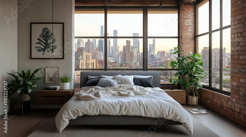 Modern minimalist bedroom, floor-to-ceiling windows, city skyline view, wooden platform bed, white bedding, potted plants, large white canvas art, exposed brick wall, natural light, urban loft aesthet photo