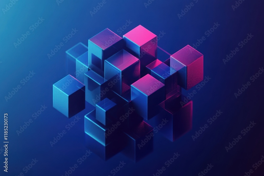 Abstract 3D rendering of interconnected blue and pink cubes on a dark background. Abstract 3D rendering of interconnected blue and pink cubes on a dark background.