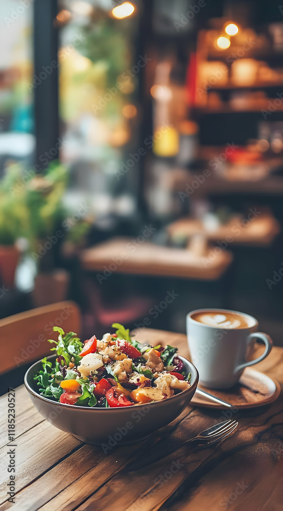 A cozy caf? scene featuring a fresh salad and a cup of coffee on a wooden table. A cozy caf? scene featuring a fresh salad and a cup of coffee on a wooden table.