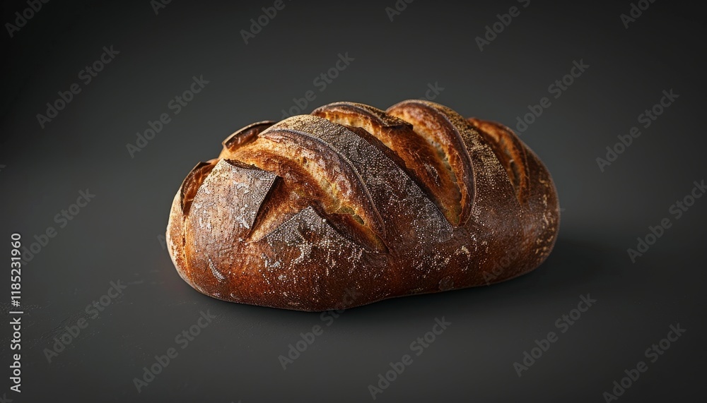 A freshly baked loaf of sourdough bread on a black background. A freshly baked loaf of sourdough bread on a black background.