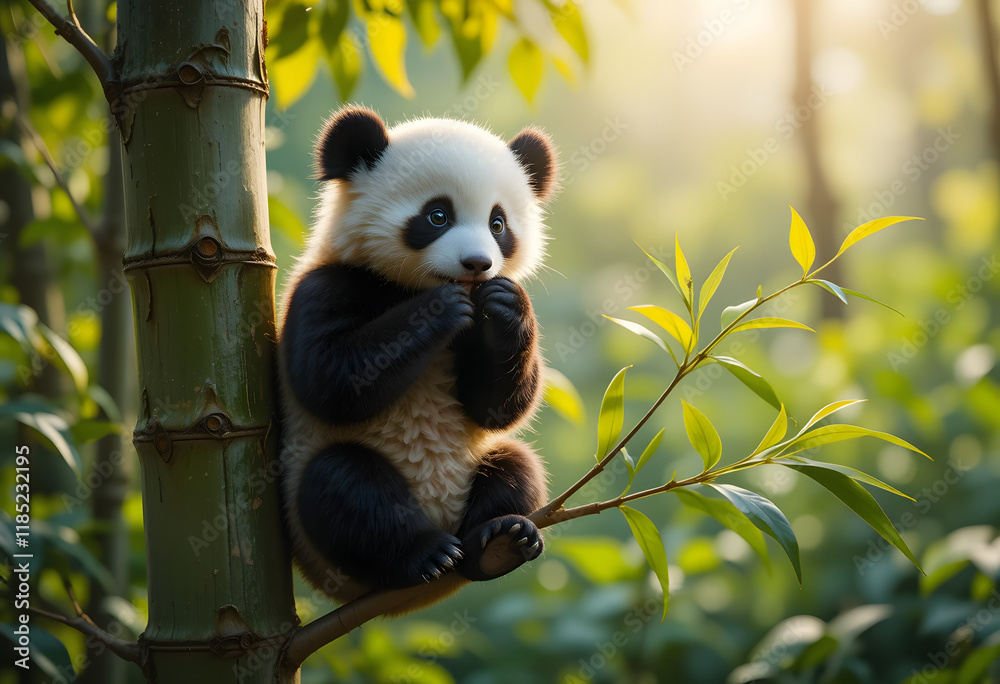Fototapeta premium Adorable Baby Panda Playfully Grasping Bamboo in a Lush Green Forest, Bathed in Soft Natural Light