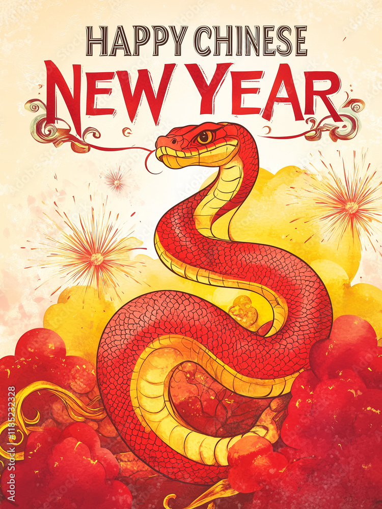 Obraz premium Happy Chinese New Year Festive Banner Design, Chinese New Year Banner with snake illustration Fireworks, Chinese New Year Poster with red and yellow color, Year of snake