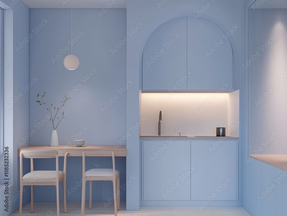Fototapeta premium Minimalist Blue Kitchenette with Arched Cabinets and Wooden Chairs