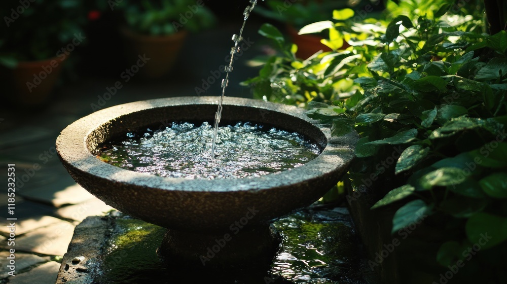 A tranquil water fountain surrounded by lush greenery, creating a serene outdoor space. A tranquil water fountain surrounded by lush greenery, creating a serene outdoor space.