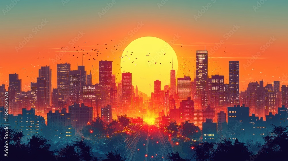 Fototapeta premium Silhouette of a Bustling Urban Cityscape during a Breathtaking Sunset with Birds Flying Across the Orange and Blue Gradients in the Sky Creating a Stunning Visual Harmony
