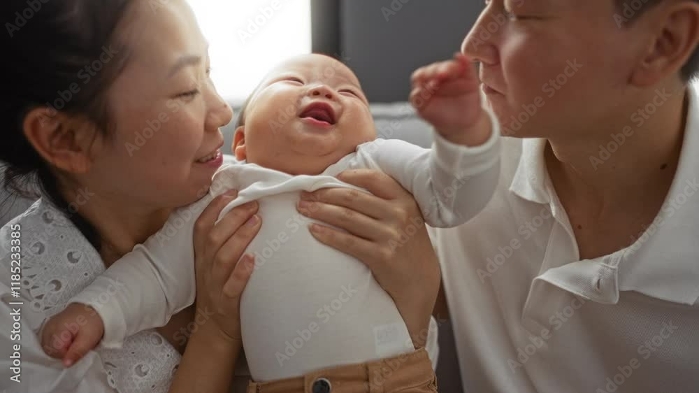 Parents kissing baby joyfully in cozy living room, capturing love and family bond indoors. Parents kissing baby joyfully in cozy living room, capturing love and family bond indoors.