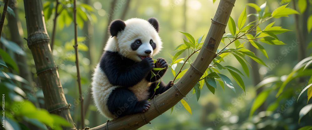 Obraz premium Adorable Baby Panda Playfully Grasping Bamboo in a Lush Green Forest, Bathed in Soft Natural Light