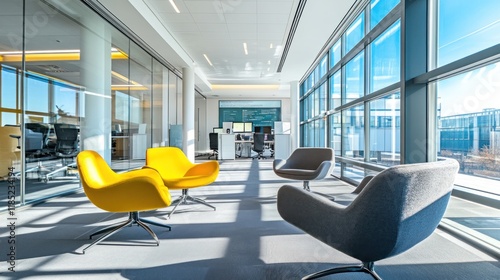Modern office space with bright chairs and large windows, promoting collaboration and comfort.