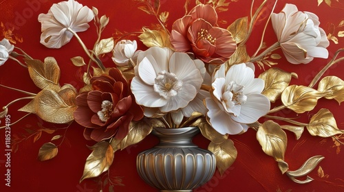 Gold, white floral arrangement, red background, 3D wall art, home decor