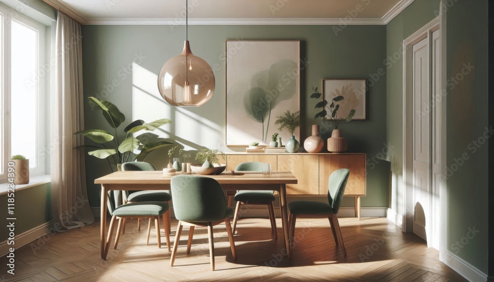 Fototapeta premium Scandinavian dining room, large windows, natural light, wooden table, white chairs, pendant light, indoor plants, butterfly artwork, green walls, minimalist decor, cozy atmosphere, modern interior des