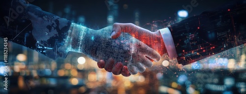 Global Business Partnership in Smart Logistics and Technology with Handshake Symbolizing Connection and Success in International Trade