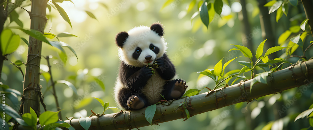 Obraz premium Adorable Baby Panda Playfully Grasping Bamboo in a Lush Green Forest, Bathed in Soft Natural Light