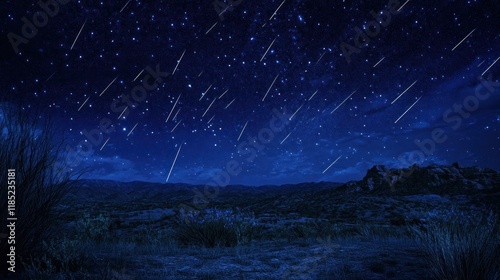 Wallpaper Mural Starry night sky over desert landscape with shooting stars. Torontodigital.ca