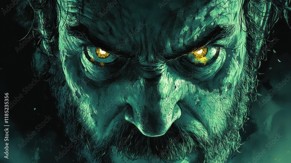 Obraz premium Intense Close-Up of a Mysterious Man with Fierce Golden Eyes and Dramatic Lighting Evoking a Sense of Mystery and Dramatic Emotion