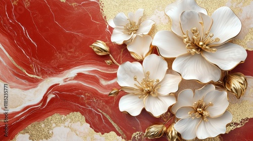 Red marble, gold, white flowers, 3D render, wall art