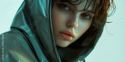 Close-up of a model wearing a hooded trench coat with asymmetrical zippers reflective accents and heat-sensitive fabric layered over a seamless thermal shirt studio lighting  photo