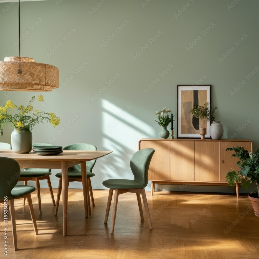 Scandinavian dining room, large windows, natural light, wooden table, white chairs, pendant light, indoor plants, butterfly artwork, green walls, minimalist decor, cozy atmosphere, modern interior des Scandinavian dining room, large windows, natural light, wooden table, white chairs, pendant light, indoor plants, butterfly artwork, green walls, minimalist decor, cozy atmosphere, modern interior des