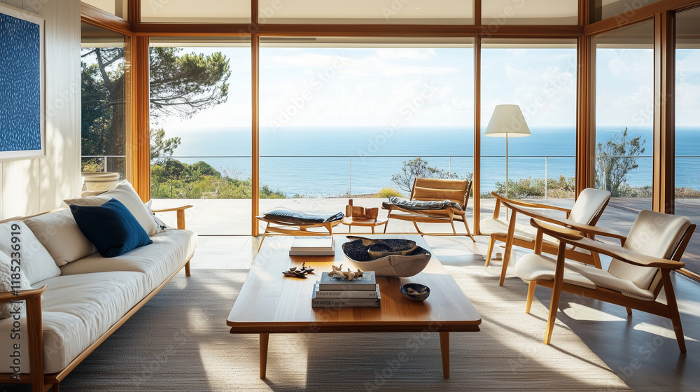 Fototapeta premium living room with sleek teak furniture