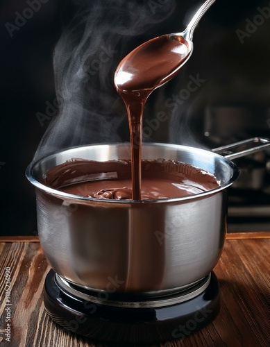 In a stainless steel bowl, dark chocolate is being gently melted over a double boiler