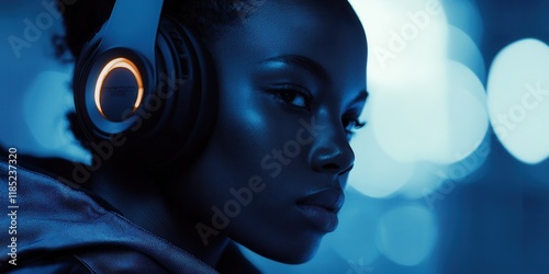 Close-up of a model wearing a minimalist techwear hoodie with heat-reactive fabric that shifts color under studio lights paired with a cyberpunk-inspired headset photo