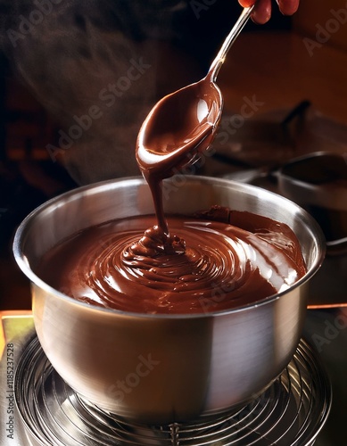 In a stainless steel bowl, dark chocolate is being gently melted over a double boiler