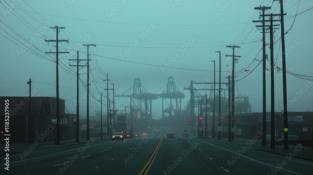 A foggy road with silhouettes of industrial cranes and ships at a port in the distance A foggy road with silhouettes of industrial cranes and ships at a port in the distance