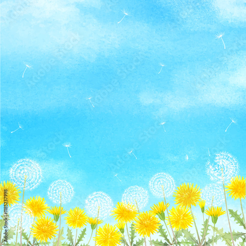 空に舞うタンポポの水彩イラスト	