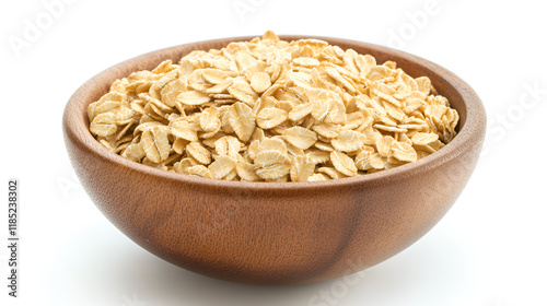 top view of oats in a wooden bowl against white background.ai generative