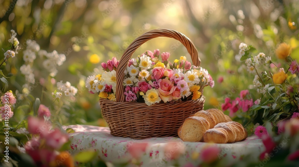 Summer Picnic Basket: A rustic wicker basket overflowing with a vibrant bouquet of wildflowers and roses sits beside freshly baked croissants on a checkered picnic blanket. Summer Picnic Basket: A rustic wicker basket overflowing with a vibrant bouquet of wildflowers and roses sits beside freshly baked croissants on a checkered picnic blanket.