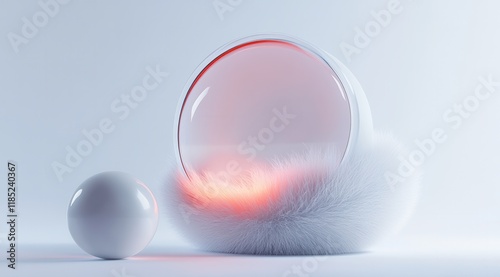 Conceptual minimalist product design, featuring glass material with a matte finish and a white color combination, furry circle with a big hole around a ball, with a small circle floating above them.  photo