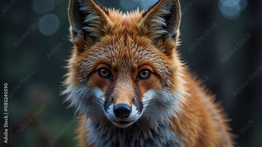 Fototapeta premium A vibrant red-orange fox gazing directly at the camera, with warm, honey-brown eyes set against a backdrop of lush foliage
