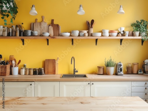 Yellow wall kitchen with wo...