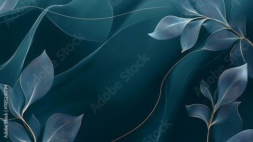 Abstract Teal Background with Delicate Gold Leaf Design