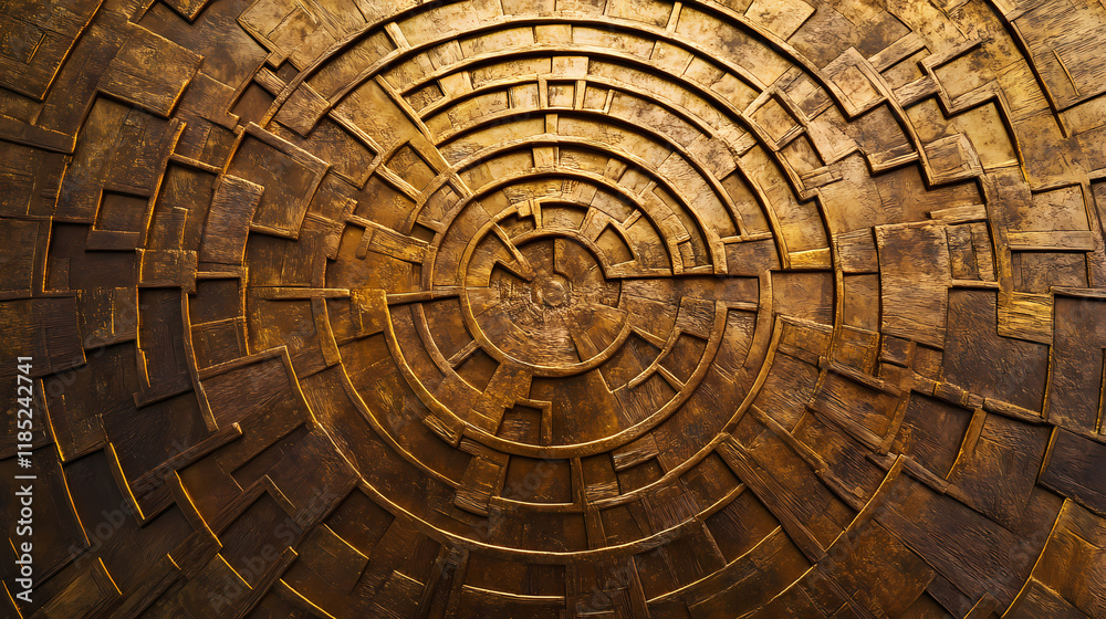 Fototapeta premium Intricate circular maze carved into aged, gold-toned wood; symbolizing challenge, path, journey, and solution. Sunglow. Illustration