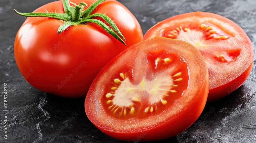 A fresh red tomato cut in half, showcasing its juicy interior and seeds. A fresh red tomato cut in half, showcasing its juicy interior and seeds.