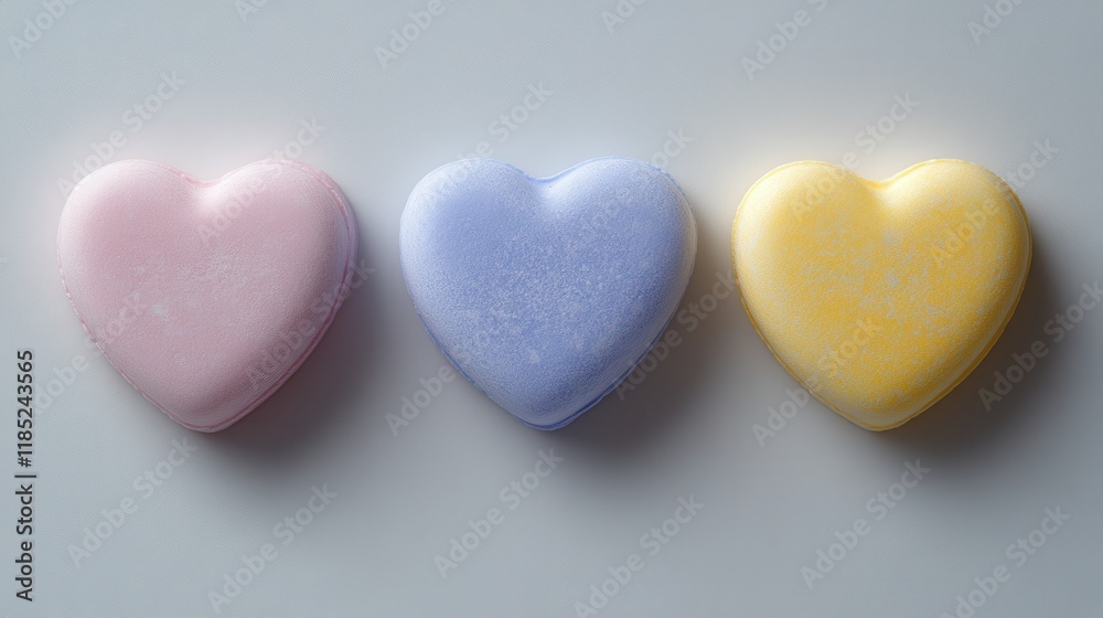 Colorful Heart-Shaped Macarons in Pastel Shades on a Soft Gray Background Colorful Heart-Shaped Macarons in Pastel Shades on a Soft Gray Background