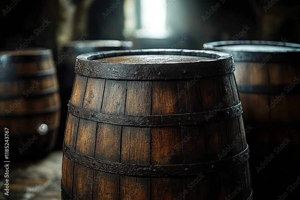 Rustic Wooden Barrels in Cellar for Wine Aging and Craft Beverage Production Rustic Wooden Barrels in Cellar for Wine Aging and Craft Beverage Production
