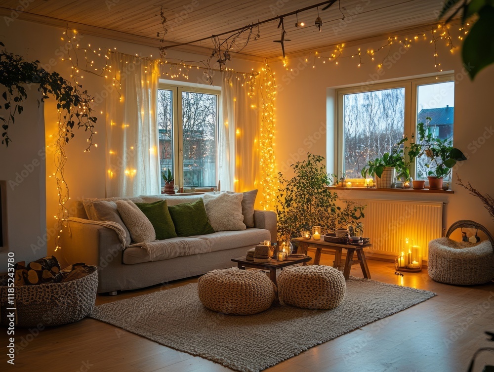 Fototapeta premium Cozy Living Room Decorated With Lights And Plants