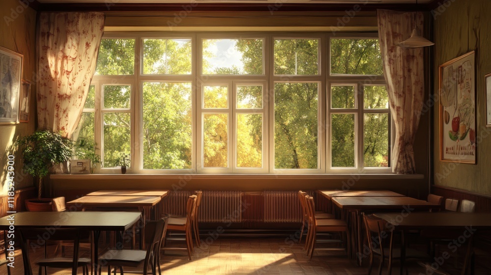 A cozy interior with sunlight streaming through large windows and greenery outside. A cozy interior with sunlight streaming through large windows and greenery outside.