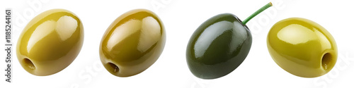 Four green olives isolated on transparent background