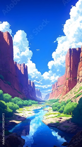 Serene river flowing through vibrant canyon landscape under bright blue sky.