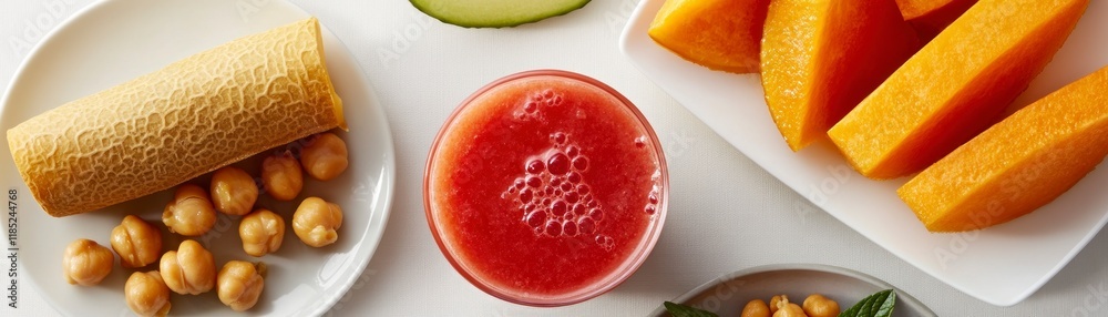 Healthy snack plate with smoothie, chickpeas, and melon. Healthy snack plate with smoothie, chickpeas, and melon.