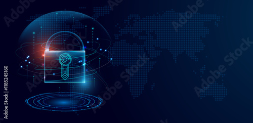 Cyber security concept. Futuristic glowing lock protection data vector editable