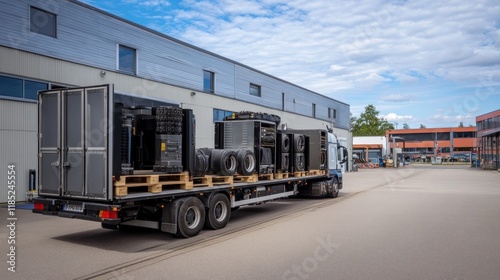A truck loaded with industrial equipment parked outside a warehouse.