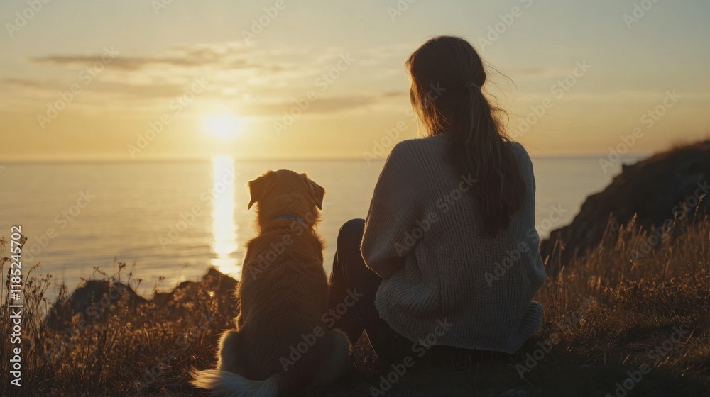 Golden Hour Companions: A woman and her furry companion sit side-by-side on a clifftop, silhouetted against the breathtaking spectacle of a golden sunset over the vast ocean. Golden Hour Companions: A woman and her furry companion sit side-by-side on a clifftop, silhouetted against the breathtaking spectacle of a golden sunset over the vast ocean.